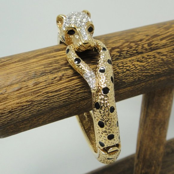 A&S Leopard Enamel Rhinestone Bangle Bracelet Jaguar - Picture 13 of 13